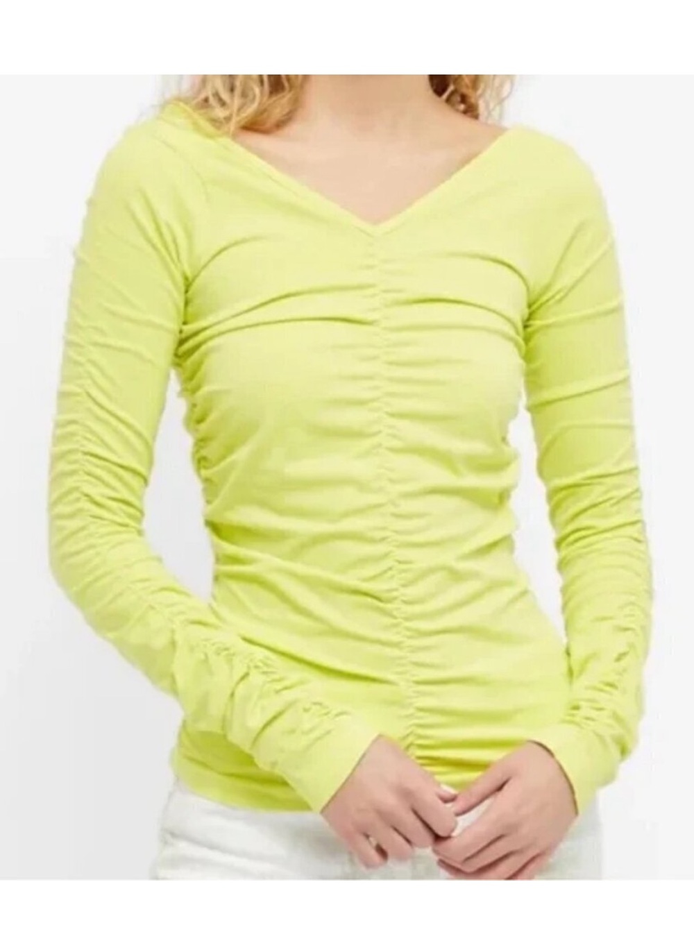 Helmut Lang NWT Ruched V-Neck Long Sleeve Top Lime Acid Green